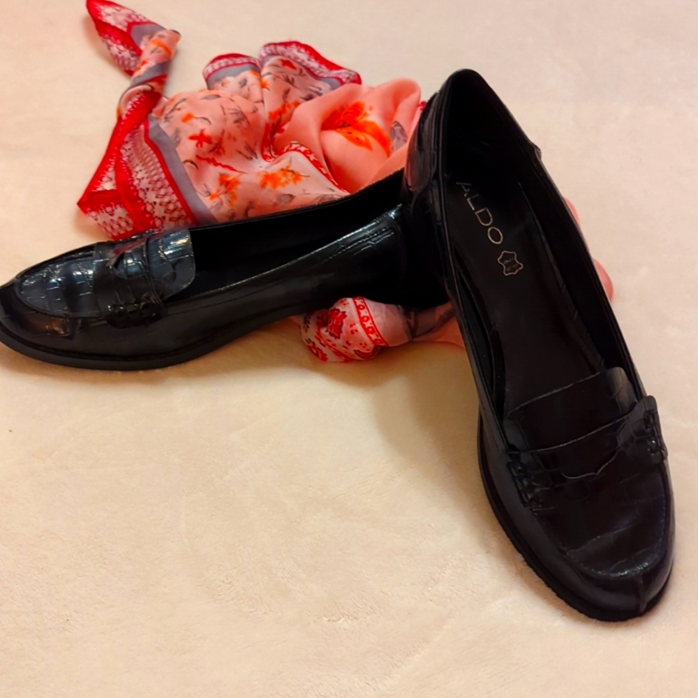 Aldo Black Patent Leather Penny Loafers